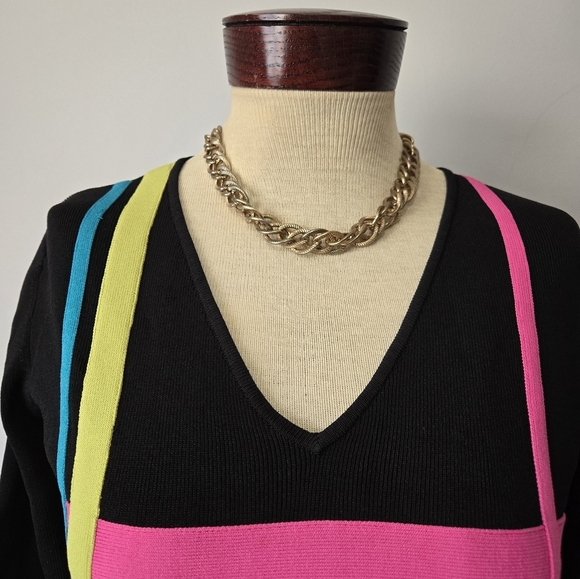 MINKAS Black Micro Rib Neon Striped V Neck Top. Size Medium - Picture 3 of 10